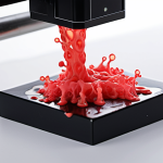 **

A vibrant, close-up shot of bio-ink being extruded from a 3D printer nozzle. The ink contains cells and growth factors, creating a nurturing environment. The image shows the ink's viscoelastic properties as it transitions from liquid to solid, maintaining shape after printing.

**