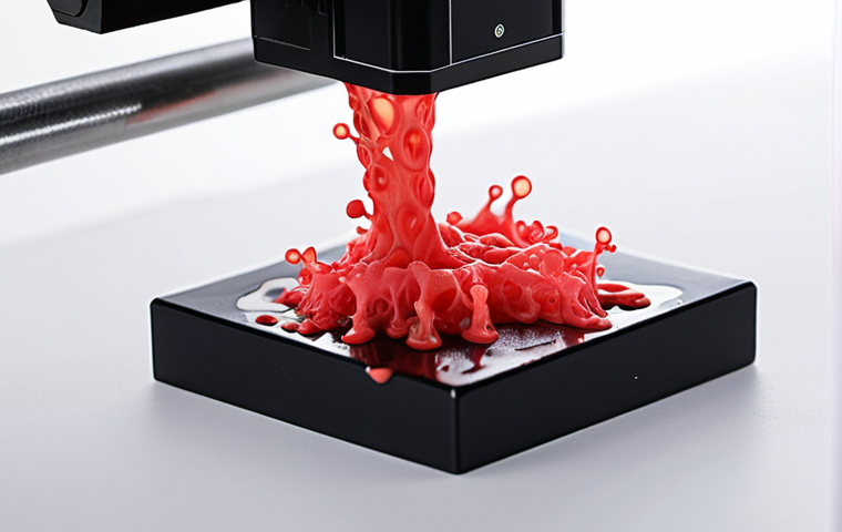 **

A vibrant, close-up shot of bio-ink being extruded from a 3D printer nozzle. The ink contains cells and growth factors, creating a nurturing environment. The image shows the ink's viscoelastic properties as it transitions from liquid to solid, maintaining shape after printing.

**