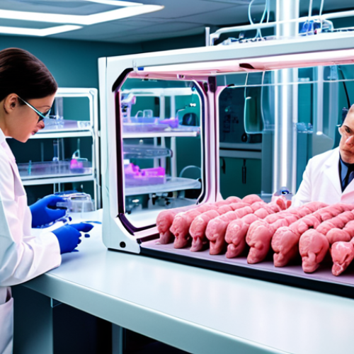 **

A futuristic lab scene with scientists working on bioprinters creating a human organ. Focus on the advanced technology and sterile environment. Convey both hope and ethical concerns through the scientists' expressions.

**