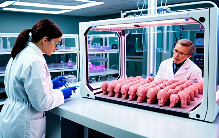 **

A futuristic lab scene with scientists working on bioprinters creating a human organ. Focus on the advanced technology and sterile environment. Convey both hope and ethical concerns through the scientists' expressions.

**