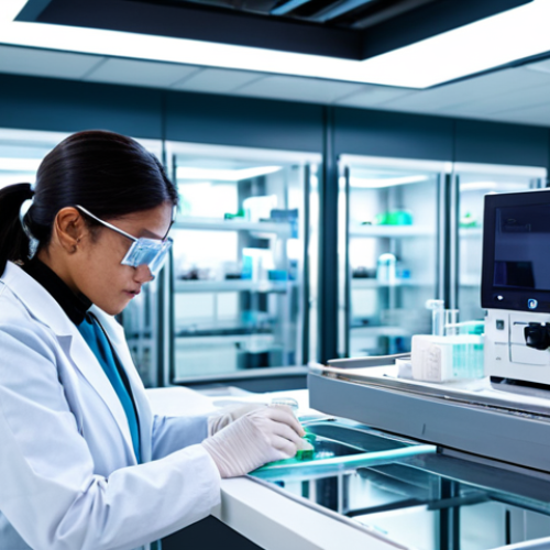 A cutting-edge 3D bioprinter actively constructing a complex bio-engineered organoid, showcasing delicate layers of bio-ink forming a futuristic tissue structure. The scene is set in a sterile, brightly lit laboratory with advanced scientific equipment. A professional female scientist, fully clothed in a clean lab coat and safety glasses, stands nearby, observing the process with a focused, professional expression. The background features blurred, modern lab stations. Perfect anatomy, correct proportions, natural pose, well-formed hands, proper finger count, safe for work, appropriate content, modest clothing, family-friendly, high-resolution scientific photography, futuristic aesthetic.