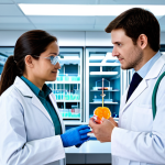 **Subject:** A professional female scientist and a professional male scientist, both in modest, clean lab coats and appropriate attire, standing in a bright, sterile, high-tech medical research laboratory.
    **Environment:** The background features advanced laboratory equipment, including a sophisticated 3D bioprinter actively depositing bio-ink layers to form an intricate human heart anatomical model. Transparent data screens display complex molecular structures and physiological readings. The lab is illuminated with soft, cool-toned lighting, emphasizing a clean and precise scientific environment.
    **Quality Modifiers:** Professional photography, high resolution, intricate detail, realistic rendering, perfect anatomy, correct proportions, natural pose, well-formed hands, proper finger count, natural body proportions, safe for work, appropriate content, fully clothed, professional, modest, family-friendly.