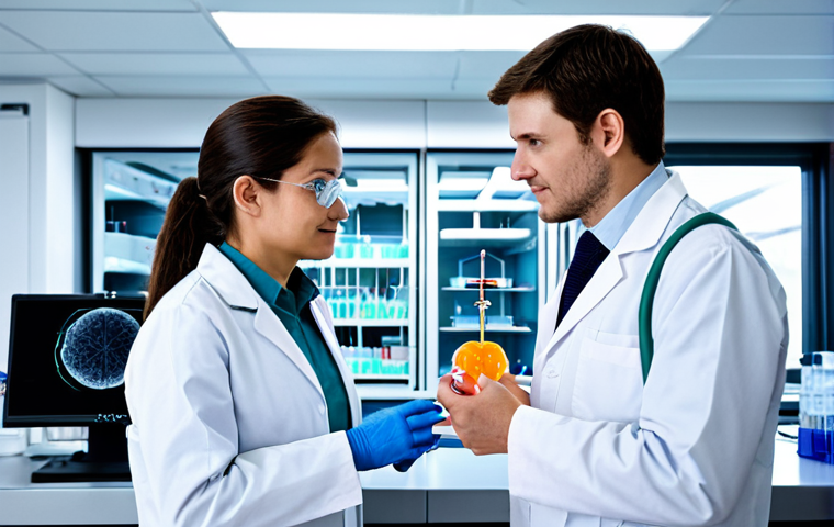 **Subject:** A professional female scientist and a professional male scientist, both in modest, clean lab coats and appropriate attire, standing in a bright, sterile, high-tech medical research laboratory.
    **Environment:** The background features advanced laboratory equipment, including a sophisticated 3D bioprinter actively depositing bio-ink layers to form an intricate human heart anatomical model. Transparent data screens display complex molecular structures and physiological readings. The lab is illuminated with soft, cool-toned lighting, emphasizing a clean and precise scientific environment.
    **Quality Modifiers:** Professional photography, high resolution, intricate detail, realistic rendering, perfect anatomy, correct proportions, natural pose, well-formed hands, proper finger count, natural body proportions, safe for work, appropriate content, fully clothed, professional, modest, family-friendly.